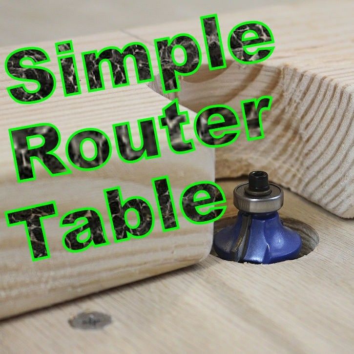 a wooden table topped with a blue bottle next to a hole in the wood that says, simple router table