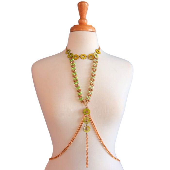 Chain will not tarnish Features mother of Pearl and Czech beads Gold Beaded Chain Adjustable Body Jewelry, Green Spiritual Beaded Chain Jewelry, Spiritual Green Jewelry With Beaded Chain, Green Spiritual Jewelry With Beaded Chain, Adjustable Gold Beaded Body Jewelry, Green Jewelry With Adjustable Chain And Round Beads, Adjustable Beaded Chain Body Jewelry, Green Jewelry With Round Beads And Adjustable Chain, Spiritual Polished Beads Jewelry For Party