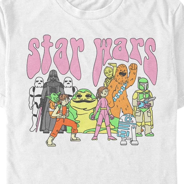 the star wars t - shirt is white and features cartoon characters