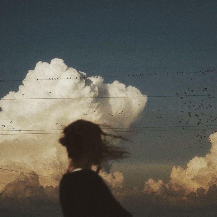 a woman standing in front of a large cloud with birds flying above her and power lines behind her