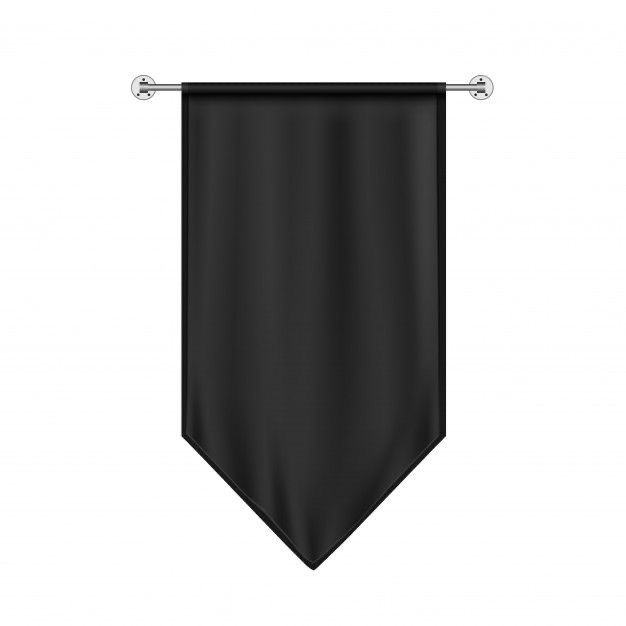 a black banner hanging from a metal bar on a white background with clippings