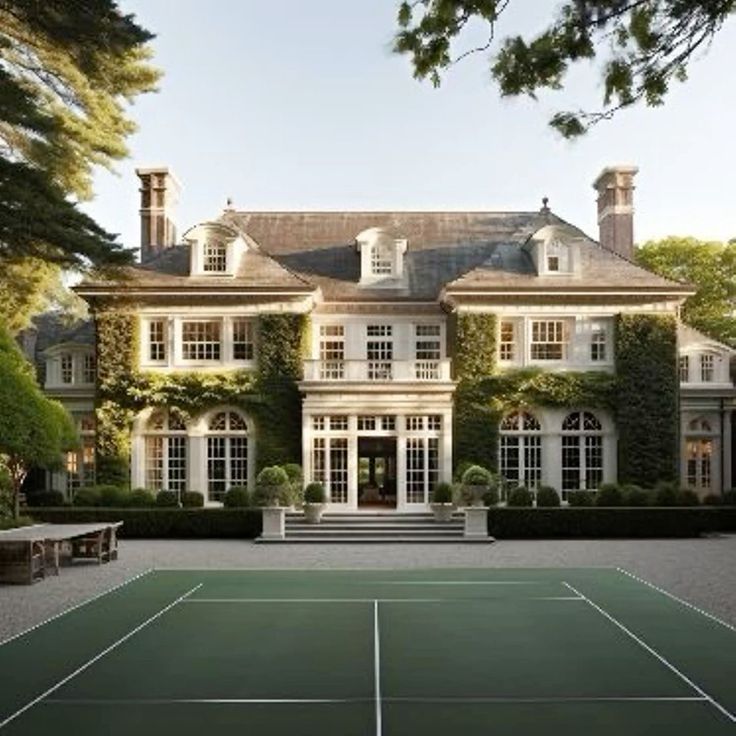 a tennis court in front of a large house