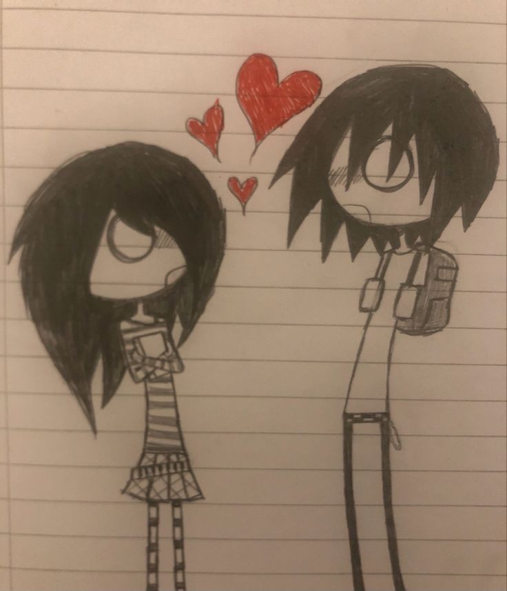 a drawing of two people standing next to each other with hearts in the air above them