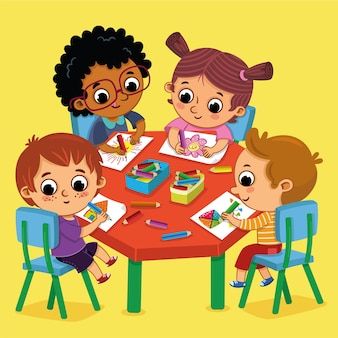 children are sitting at the table and playing with their crayons, pencils and paper