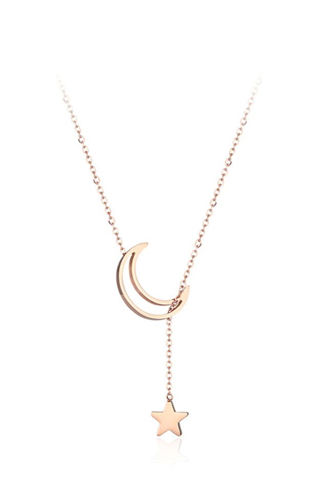 Rose Gold Stainless Steel Pendant Jewelry, Rose Gold Stainless Steel Pendant, Adjustable Celestial Jewelry For Parties, Rose Gold Alloy Necklaces For Wedding, Rose Gold Alloy Necklace For Wedding, Rose Gold Alloy Wedding Necklace, Minimalist Alloy Jewelry For Wedding, Wedding Charm Necklace With Clavicle Chain In Metal, Wedding Charm Necklace With Clavicle Chain