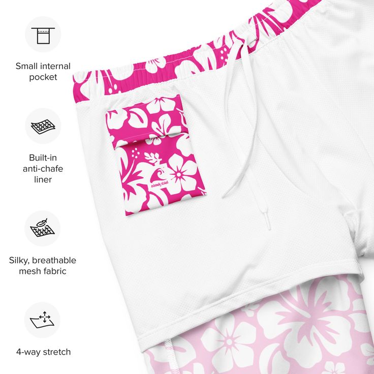 These swim shorts will have you looking and feeling Extremely Stoked whether you're at the pool, lake or beach— they dry quickly, let your skin breathe, and have plenty of pockets to stash your stuff. Plus, they come with a silky inner liner that won't rub you the wrong way (literally). • Fabric composition: (may vary by 5%) 91% recycled polyester, 9% spandex • Liner composition: 92% polyester, 8% spandex • Fabric weight (may vary by 5%): 5.13 oz/yd² (174 g/m²) • Four-way stretch water-repellent Pink Swim Trunks With Built-in Shorts For Spring, Pink Beachwear Swim Trunks With Built-in Shorts, Hawaiian Swim Trunks With Built-in Shorts For Summer, Pink Swim Trunks With Built-in Shorts, White Hawaiian Flowers, Hawaiian Swim Trunks With Built-in Shorts For Surfing, Swimsuits Hot, Flared Leggings, Pink Men