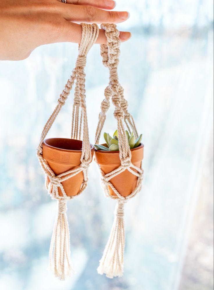 two potted plants hanging from macrame ropes with hands holding one plant in the other