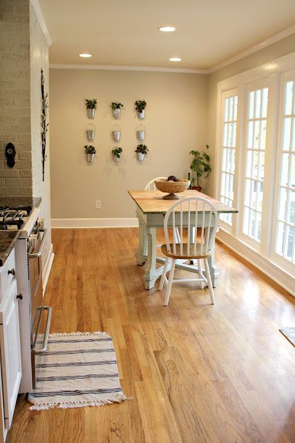 a kitchen with wooden floors and white cabinets