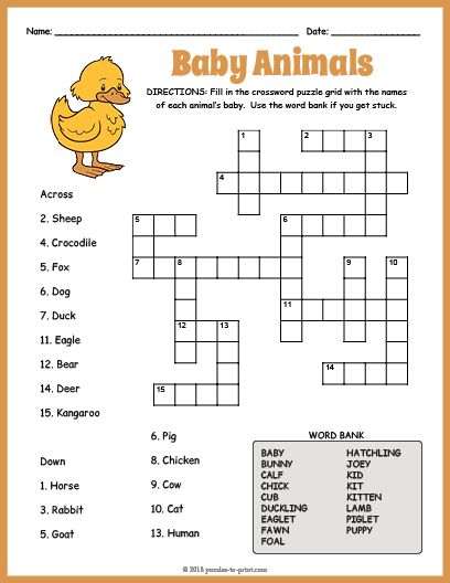 the baby animals crossword puzzle is shown in this printable worksheet for children