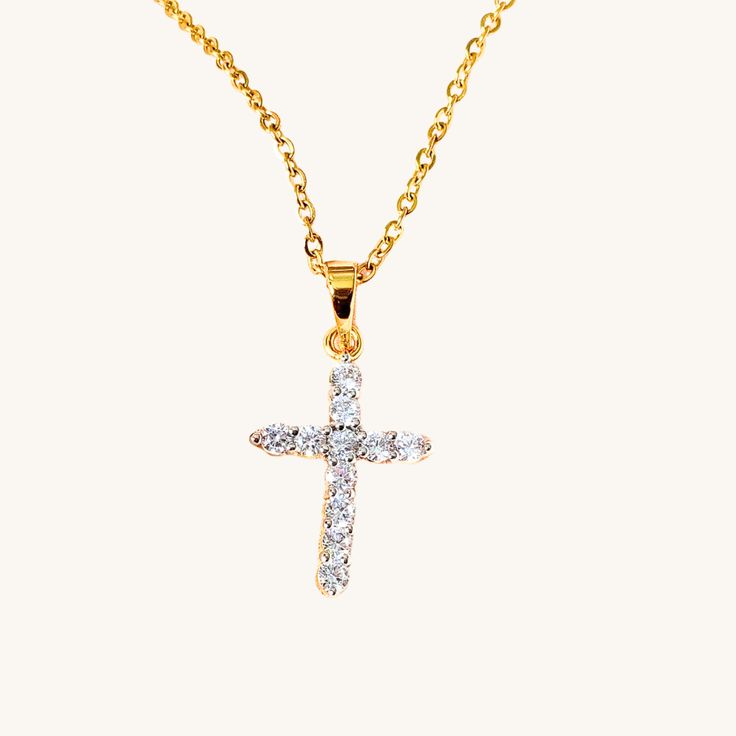 Medium Crystal Cross Necklace Gold Crystal Rhinestone Cross Pendant Necklace, Gold Cross Pendant Jewelry For Party, Elegant Rhinestone Cross Pendant Clavicle Necklace, Gold Crystal Charm Necklace With Clavicle Chain, Rhinestone Cross Necklace With Adjustable Chain As Gift, Elegant Rhinestone Cross Pendant Necklace Gift, Gold Cubic Zirconia Crystal Necklaces For Party, Elegant Cross Rhinestone Necklace For Gift, Elegant Cross Rhinestone Necklace Gift