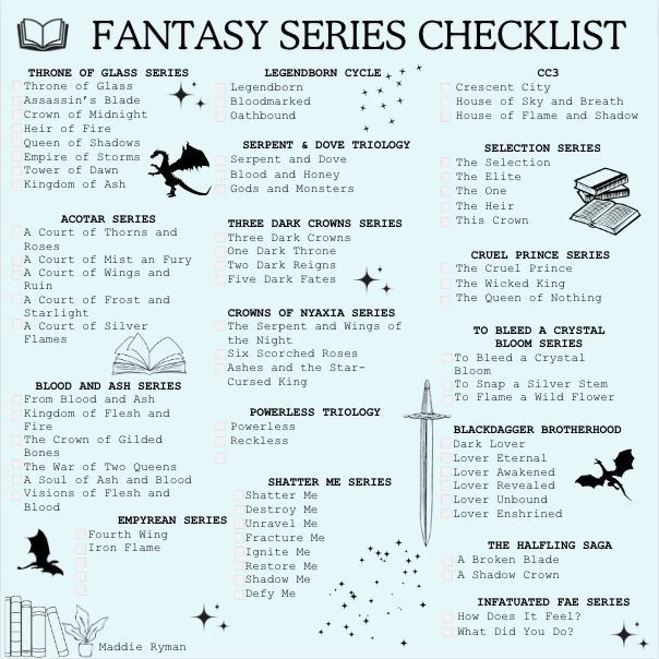 the fantasy series checklist is shown in black and white