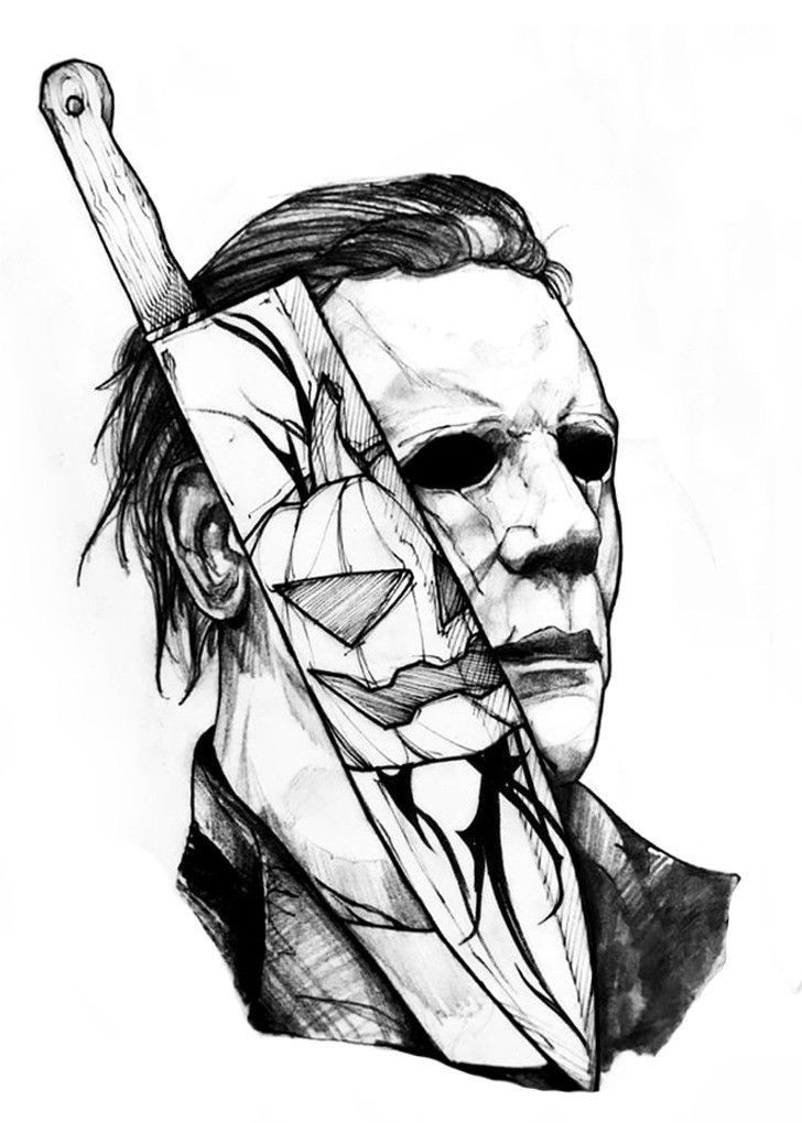 a black and white drawing of a man with a knife in his hand, wearing a mask