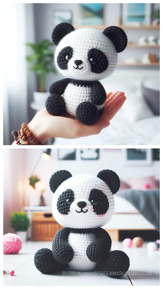 crocheted panda bear sitting on top of a table