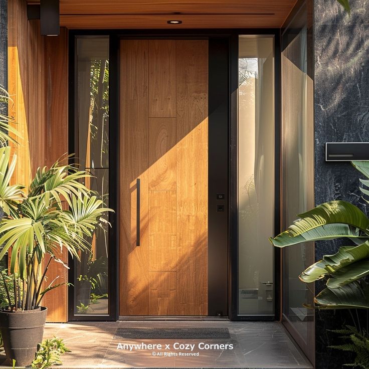 an entrance to a modern home with plants and potted plants in the foreground