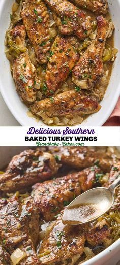 two pictures showing different types of meats and vegetables in a white bowl, with the words delicious southern baked turkey wings on top