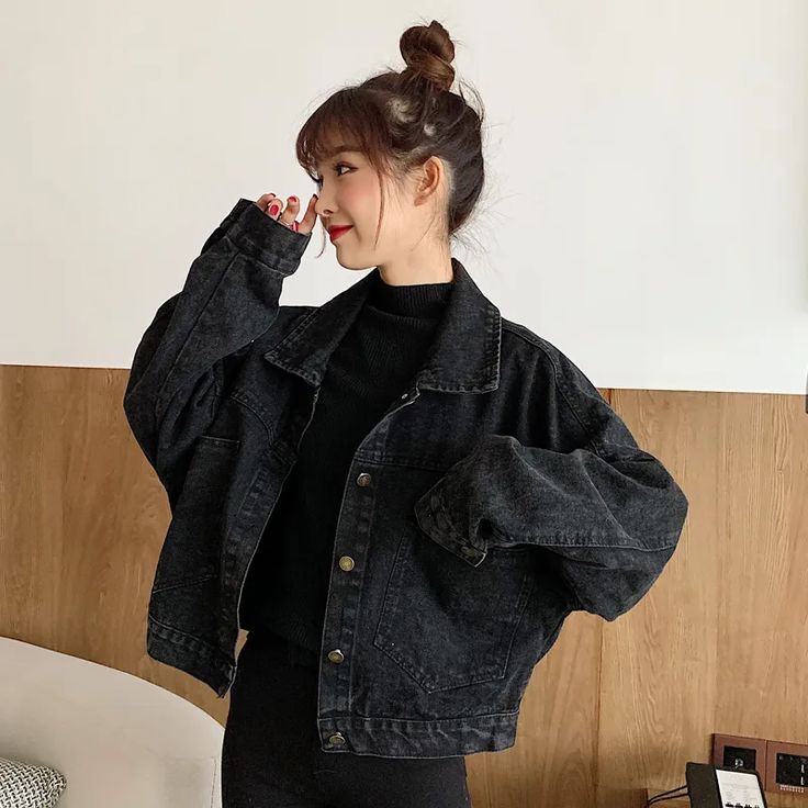 Miss Kekeli Oversized Cropped Denim Jacket | YesStyle Black Denim Jacket Outfit, Woman Streetwear, Short Coats Women, Casual Denim Jacket, Aesthetic Clothing Stores, Ladies Short Jackets, Fitted Denim Jacket, Denim Jacket Outfit, Korean Streetwear