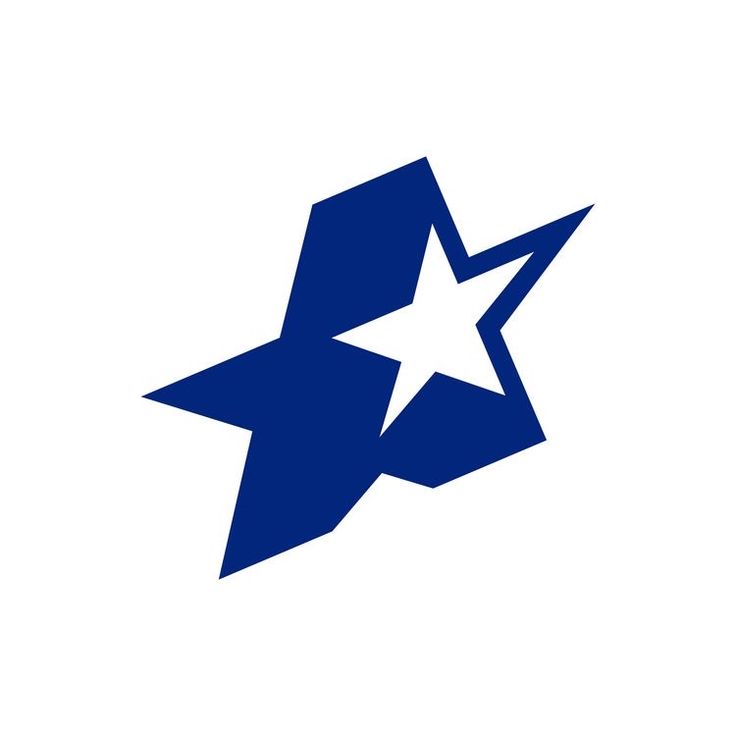 the star logo is blue and white with a large, pointed star on it's side