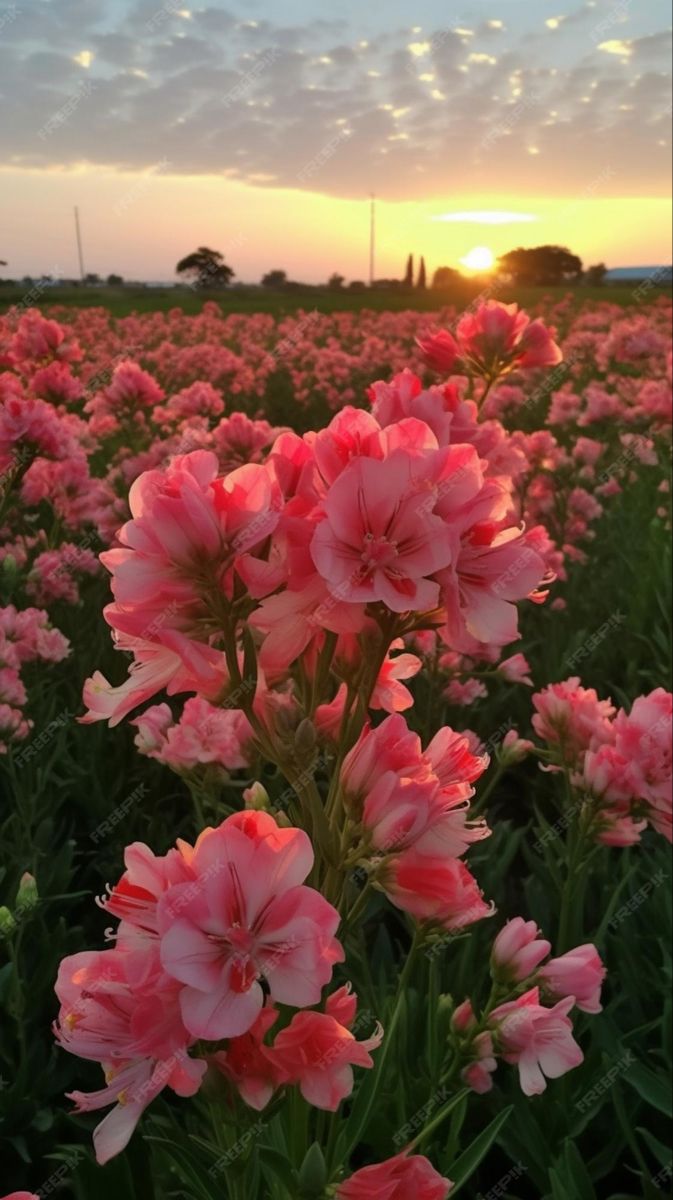 pink flowers are blooming in the field at sunset