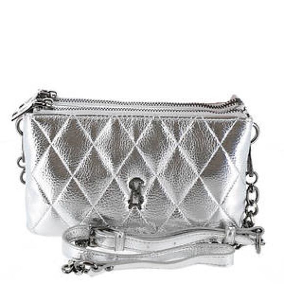 Crossbody Bag From Steve Madden Synthetic Upper 3 Compartments 24" Drop Strap 8.125"Lx0.75"Dx5 Silver Clutch Evening Bag For Mobile Phone, Silver Handheld Evening Bag For Mobile Phone, Silver Pouch Evening Bag, Luxury Silver Shoulder Bag With Mobile Phone Holder, Everyday Silver Shoulder Bag With Mobile Phone Pocket, Silver Shoulder Bag With Mobile Phone Bag For Everyday, Silver Leather Evening Bag For Everyday Use, Handheld Silver Leather Shoulder Bag, Silver Leather Evening Bag