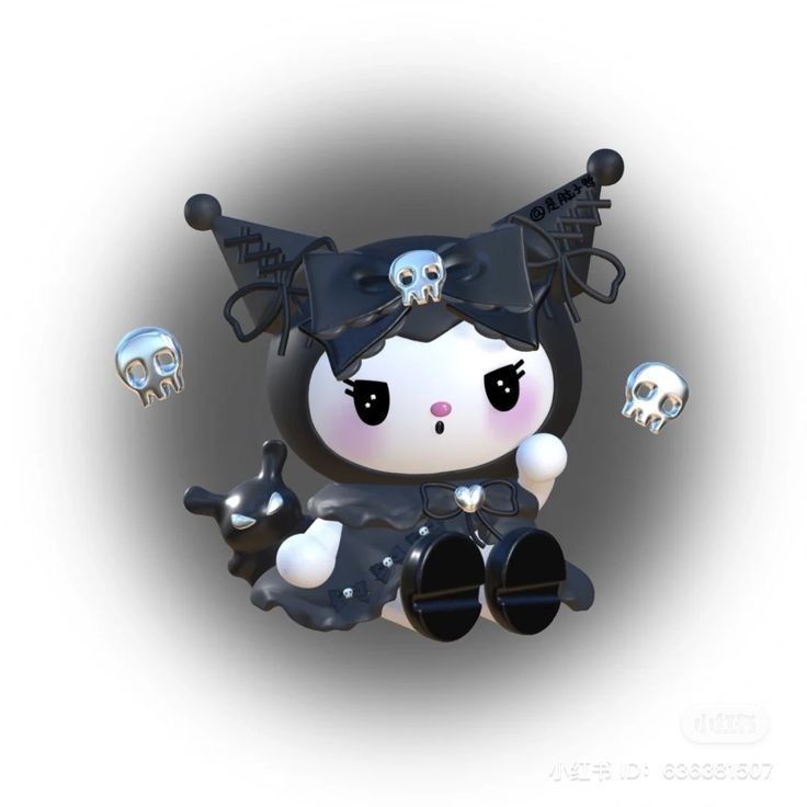 a black and white doll with skulls on it's head sitting in the air