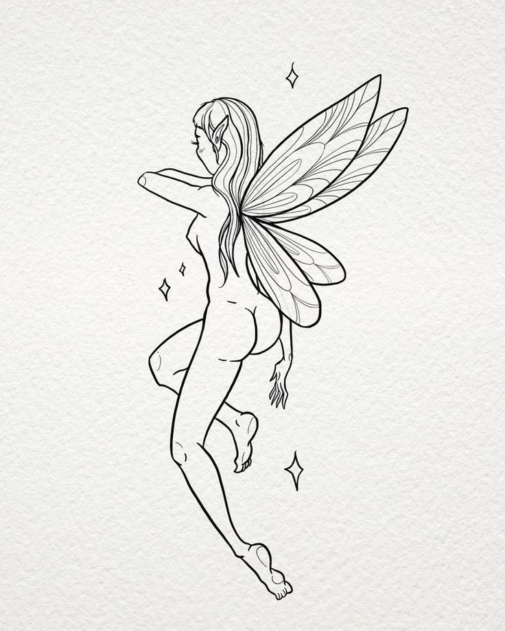 a black and white drawing of a fairy with stars on her back, flying through the air