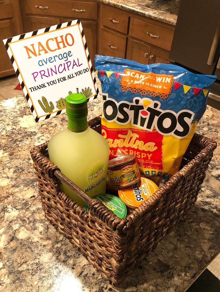 a basket filled with snacks sitting on top of a counter