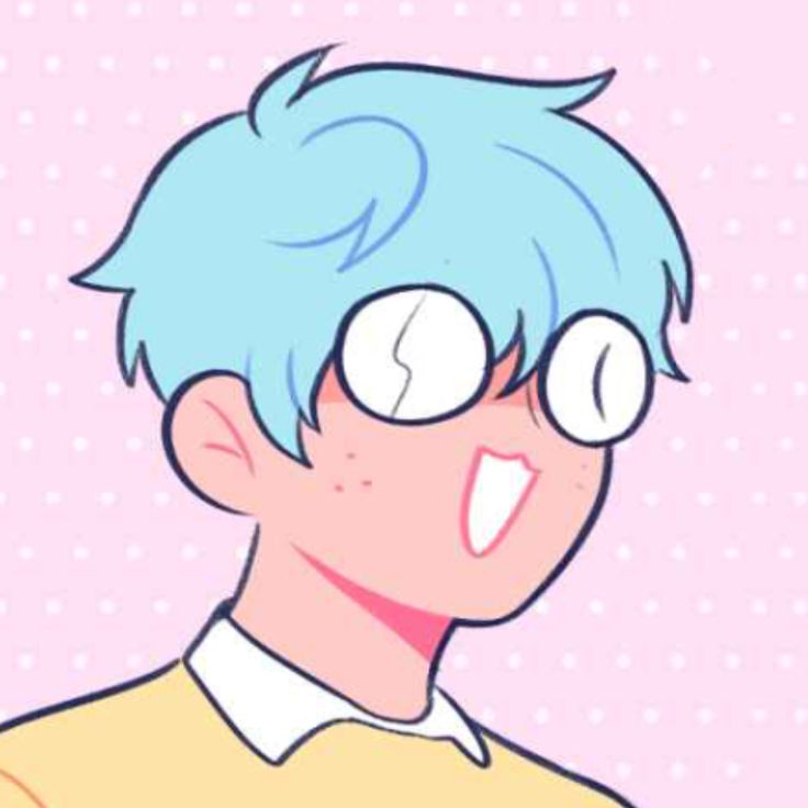 an anime boy with blue hair and glasses on his face is smiling at the camera