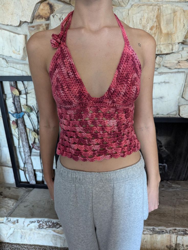 Crocheted Top. Custom color and size. Send a message if color, bust and waist measurements. Thank you! Fitted Cotton Triangle Halter Top, Trendy Fitted Crochet Top For Party, Spring Fitted Triangle Top, Fitted Triangle Top For Spring, Fitted Cotton Halter Neck Top, Pink Fitted Crop Top, Casual Fitted Halter Crop Top, Red Fitted Halter Neck Top, Fitted Red Halter Neck Top