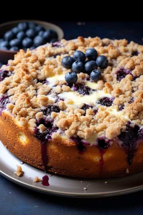 a blueberry crumb cake on a white plate