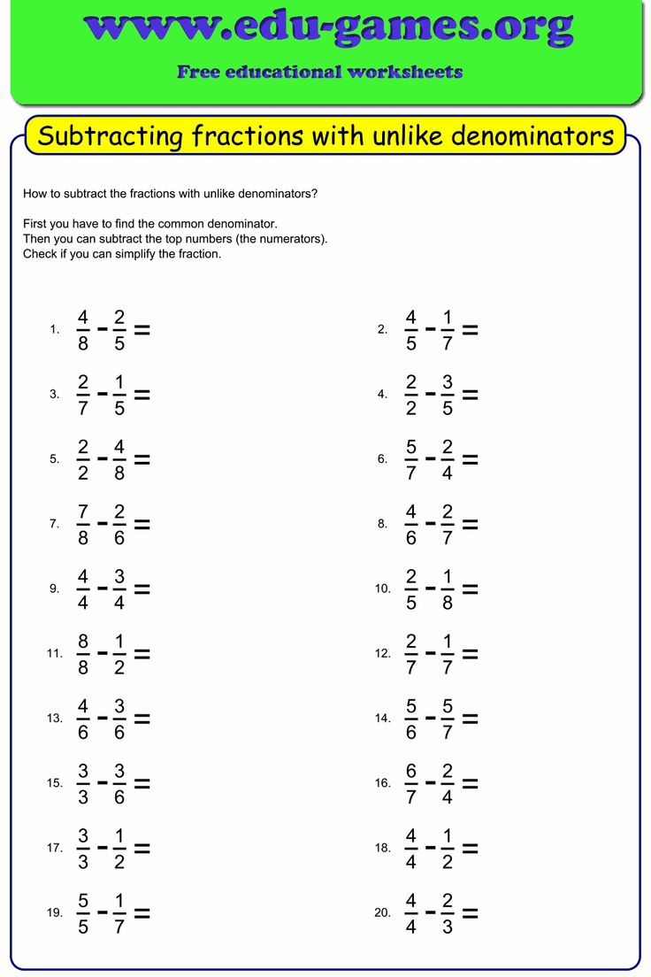 worksheet for subtracting fractions with like denomints and numbers