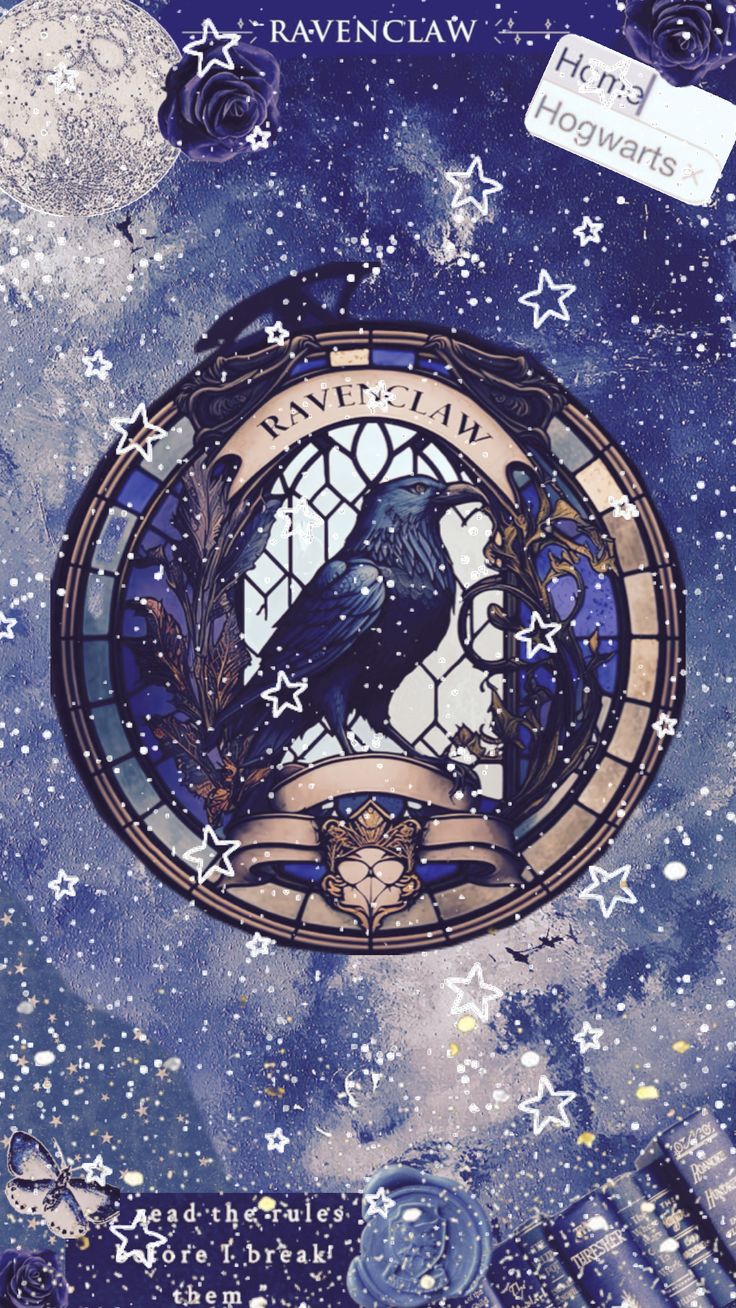 the cover to ravenclaw's book, which features an image of a crow in a stained glass window