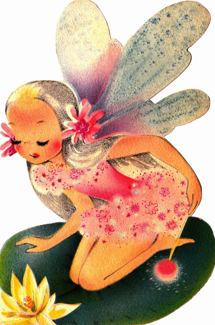 a little fairy sitting on top of a rock with flowers in her hair and wings