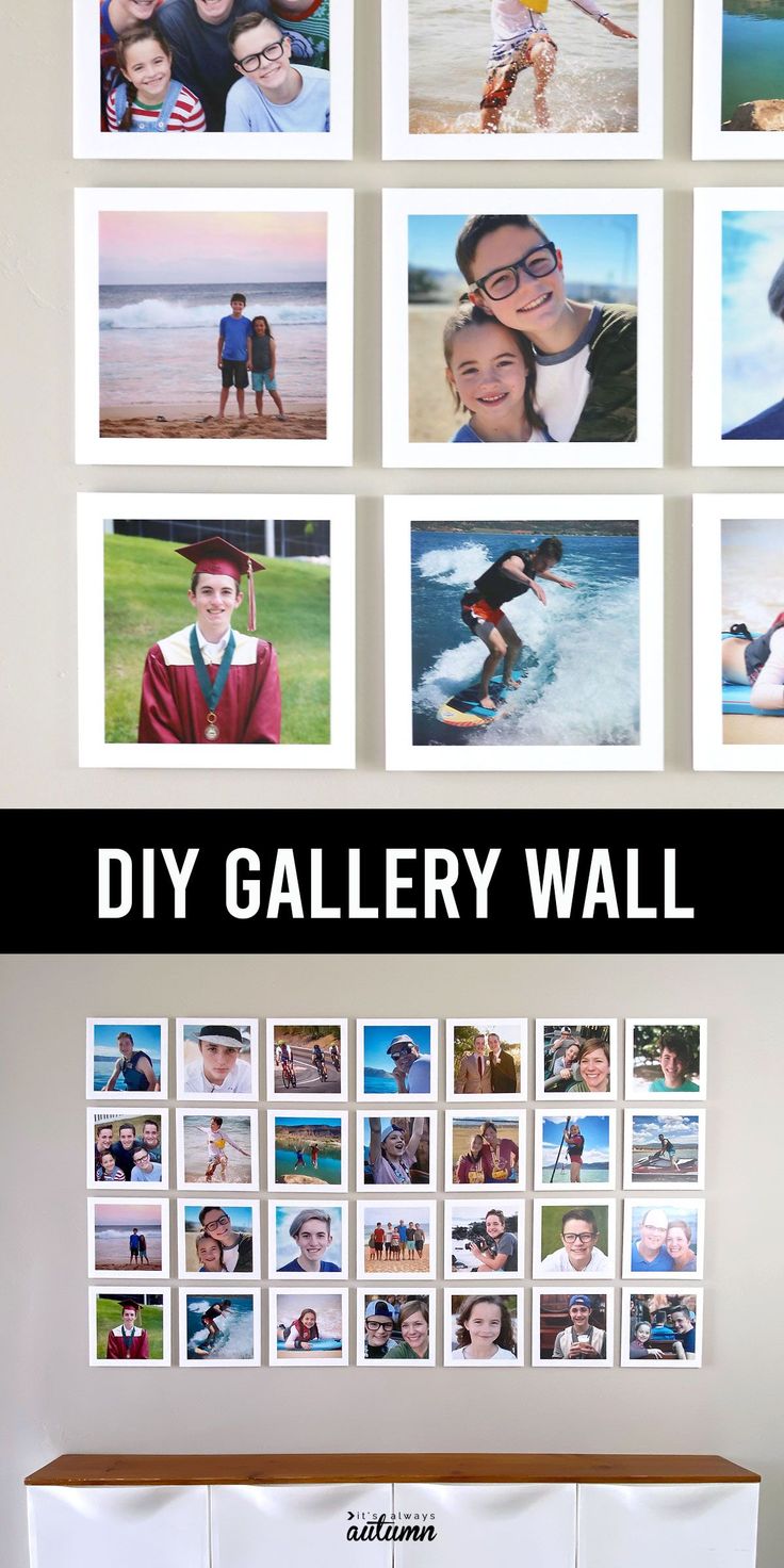 the diy gallery wall is hanging on the wall in front of a white cabinet