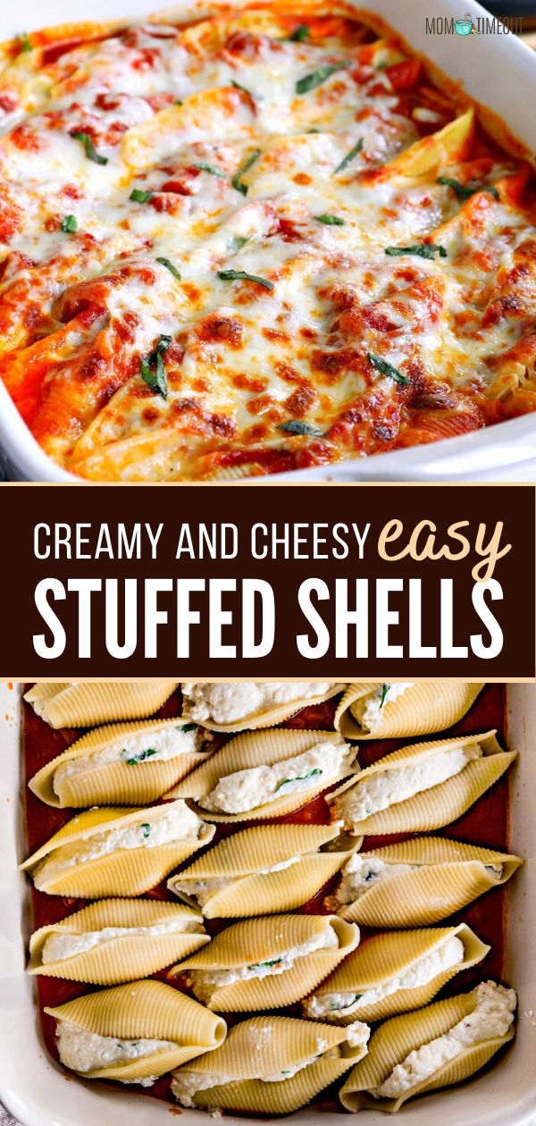 stuffed shells in a casserole dish with text overlay that reads stuffed shells