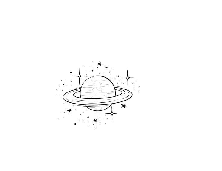 the planet saturn with stars around it in black and white on a white paper background