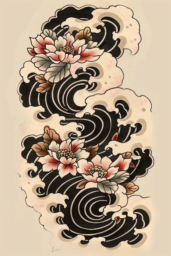 Tattoo idea: tattoo sketch A traditional Japanese wave pattern with 9 Front Thigh Tattoos Traditional, Japanese Trad Tattoo Design, Japanese Tattoo Filler Ideas, Japanese Swirl Tattoo, Sleeve Tattoos Waves, Japanese Feminine Tattoo, Traditional Tattoo Art Japanese, Traditional Japanese Art Tattoo, Japanese Tattoos Traditional