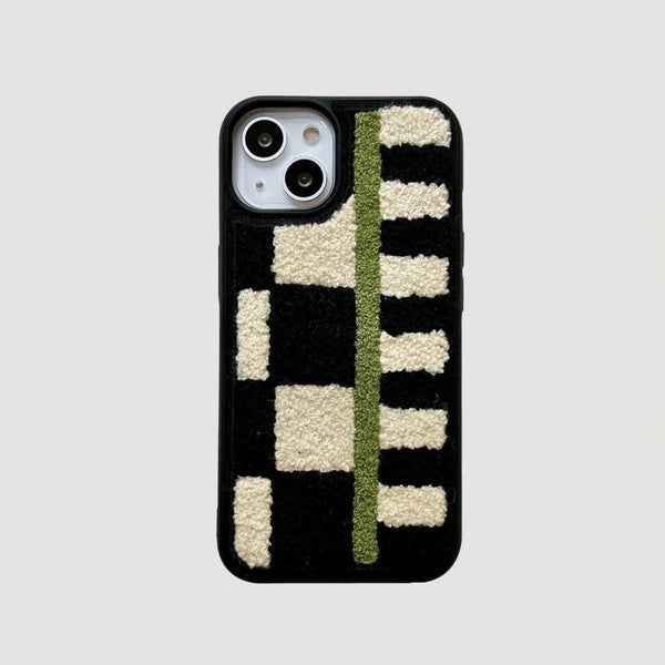 a black phone case with white and green stripes