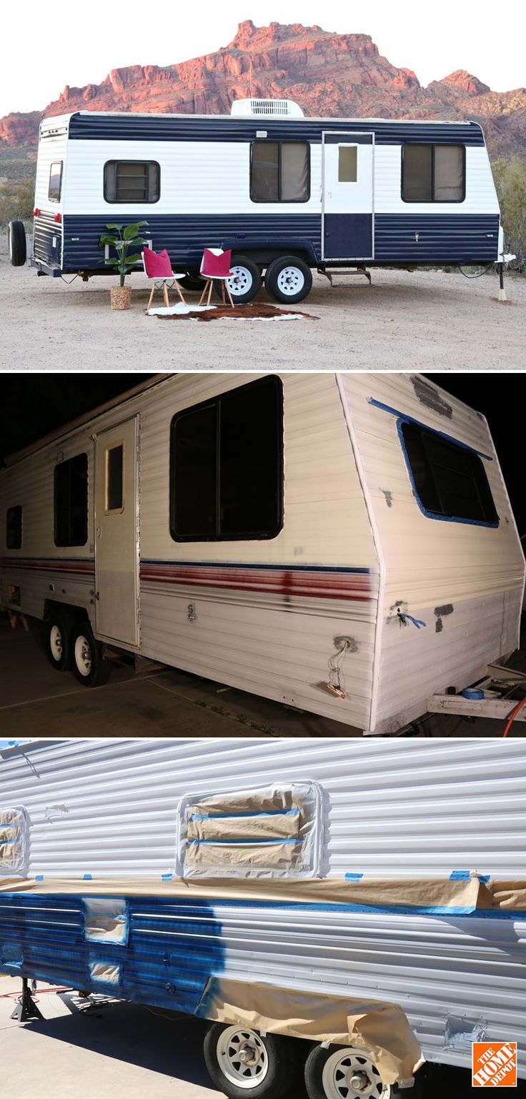 an rv parked in front of a mountain and another photo of a trailer with the door open