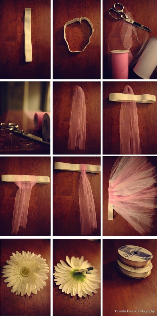 several pictures of different items that are being made with tulle and scissors on a table