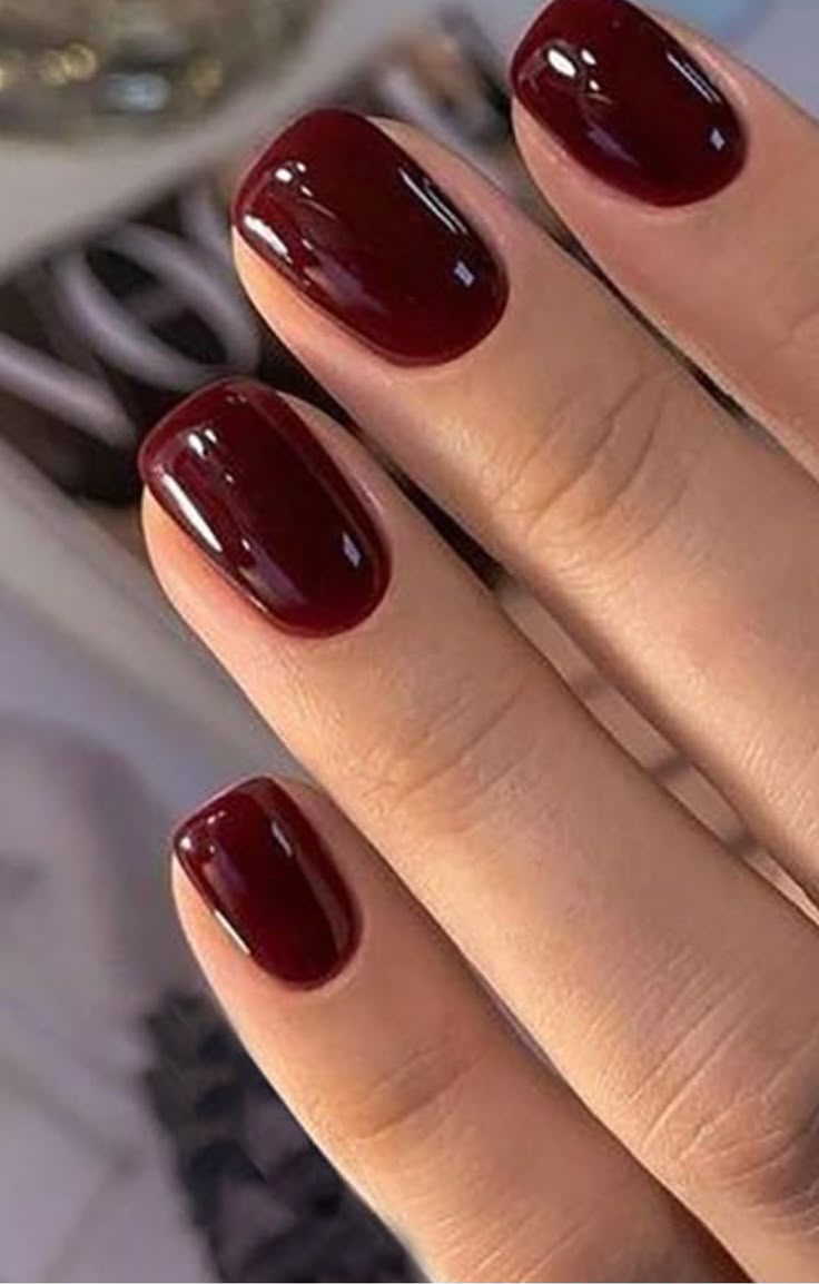 Beet Color Nails, Short Merlot Nails, Red Wine Gel Nails, Nails Cranberry Color, December Biab Nails, Short Oxblood Nails, Dark Red Squoval Nails, Burgundy Shellac Nails, Burgundy Biab Nails