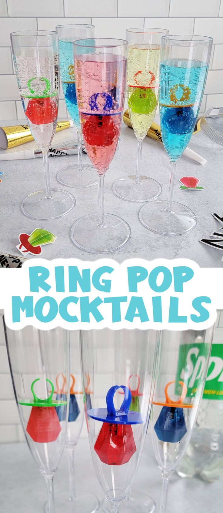 there are many different colored wine glasses on the table and one is labeled ring pop cocktails