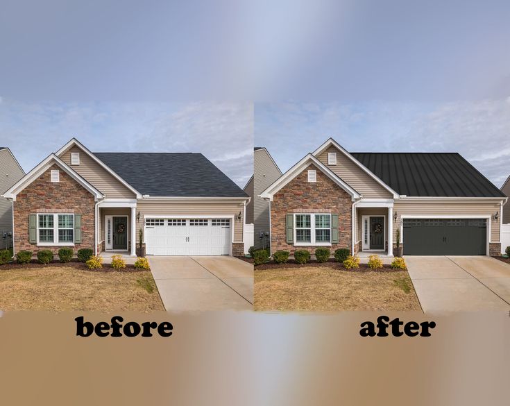 before and after shots of a house with garage doors