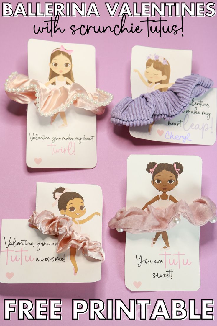 four ballerina valentine cards with free printable tags