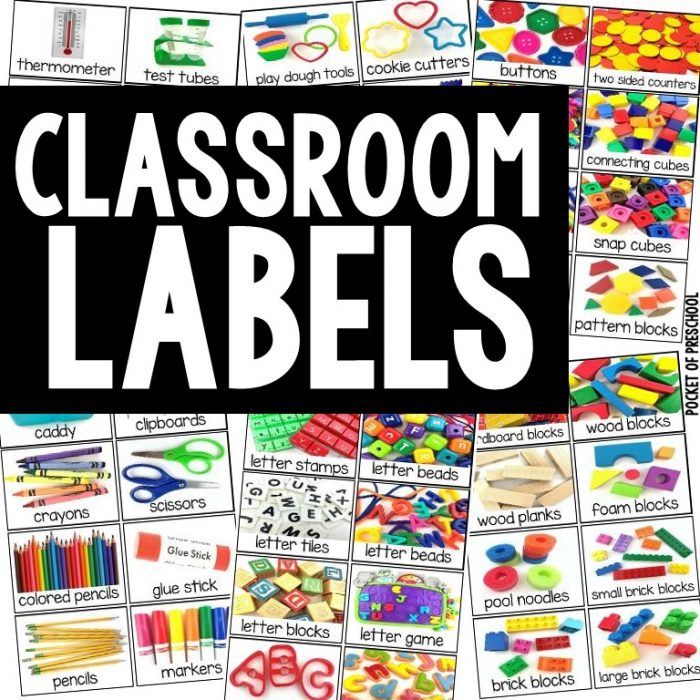 classroom labels with different types of school supplies and words on them, including scissors, pencils, crayons, etc