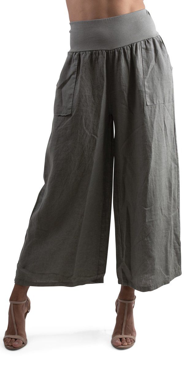 This comfy wide-leg linen pant comes with a stretch waistband for custom fit and beautiful front pocket details to add style. 100% Linen Model is 5'8 One Size Made in Italy Flax Wide-leg Pants With Pockets, Wide Leg Linen Cargo Pants For Loungewear, Relaxed Fit Linen Cargo Pants With Pockets, Relaxed Fit Wide Leg Pants With Welt Pockets, Wide Leg Pants With Welt Pockets And Relaxed Fit, Relaxed Fit Linen Harem Pants With Pockets, Linen Long Pants With Side Pockets, Linen Straight Cargo Pants With Side Pockets, Linen Cargo Bottoms For Loungewear