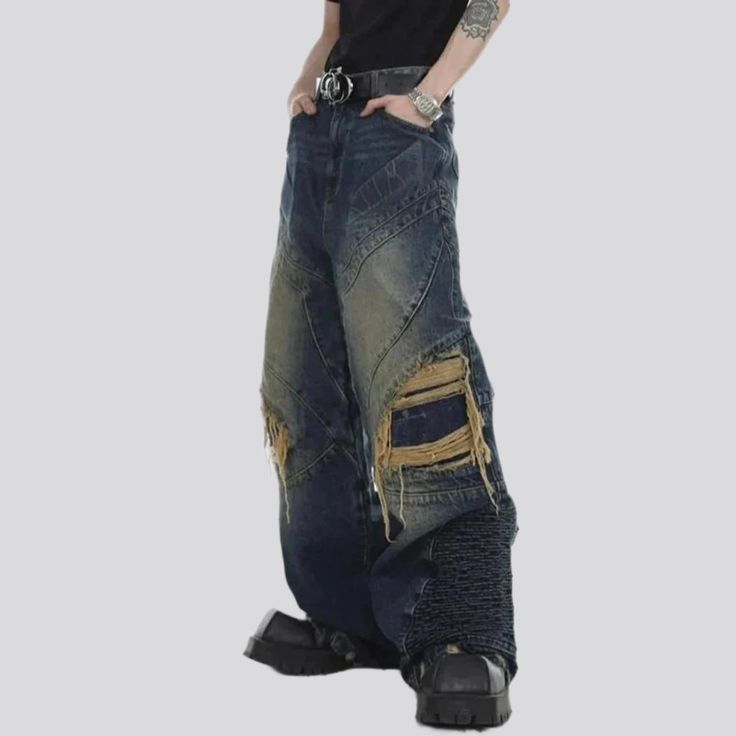 Introducing our 2023 Spring-Summer Collection patchwork men's high-waist jeans with a rock-n-roll trend that will make you stand out!Why It's A Must-HaveThis unique piece is perfect for those who are ready to express their individuality and show off their trend for couture. With its baggy fit. distressed denim. vintage-inspired patchwork. and high-waist cut. it's a traditional piece that speaks to all the trendsetters out there.Distinctive Features: Grunge Style: With its loose silhouette and di Baggy Patchwork Medium Wash Jeans, Baggy Patchwork Jeans In Medium Wash, Medium Wash Patchwork Bottoms For Streetwear, Patchwork Medium Wash Bottoms For Streetwear, Dark Wash Patchwork Jeans For Summer, Hip Hop High Waist Jeans For Streetwear, Summer Patchwork Dark Wash Jeans, Edgy Baggy Blue Jeans, Edgy Blue Baggy Jeans