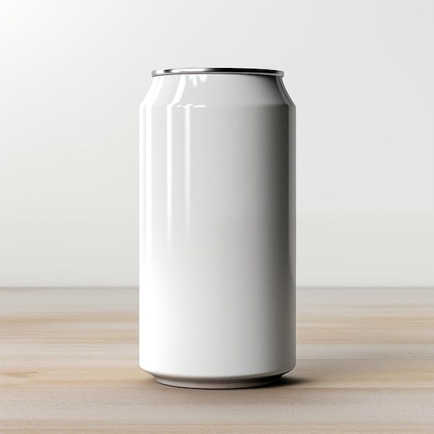 a white can sitting on top of a wooden table