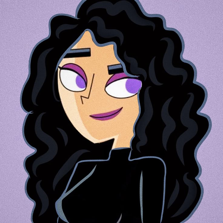 an animated image of a woman with long black hair and purple eyeliners on her face