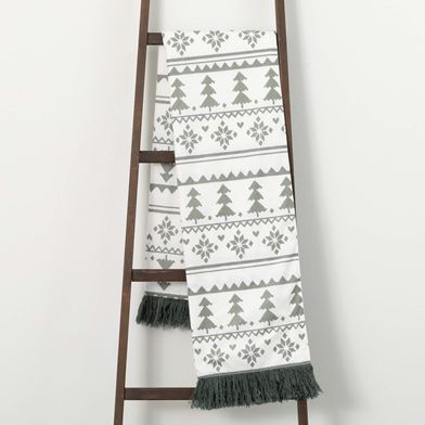 a towel rack with two towels on it and a ladder leaning up against the wall