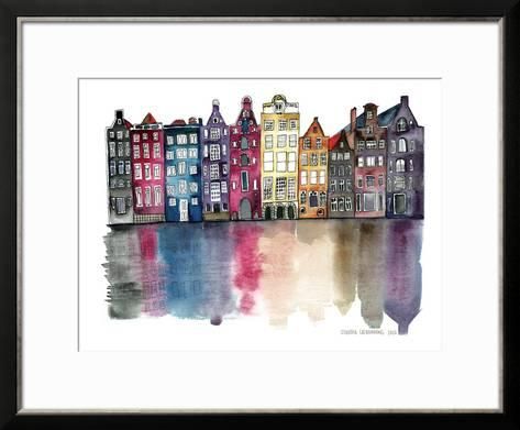 watercolor painting of colorful houses on the edge of a body of water with reflections